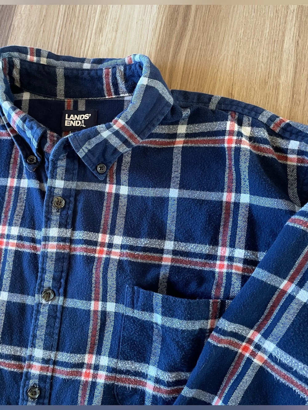 Lands End Men’s 2XL Long Sleeve Plaid Flannel Button Shirt Pocket Cabin Farm XXL